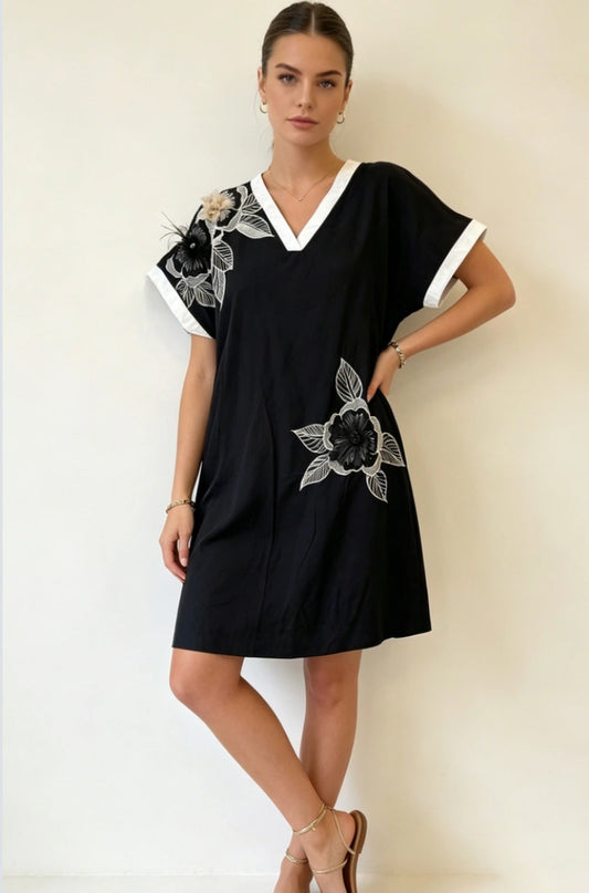 COTTON FLORAL APPLIQUÉ DRESS - 10-16 - BLACK