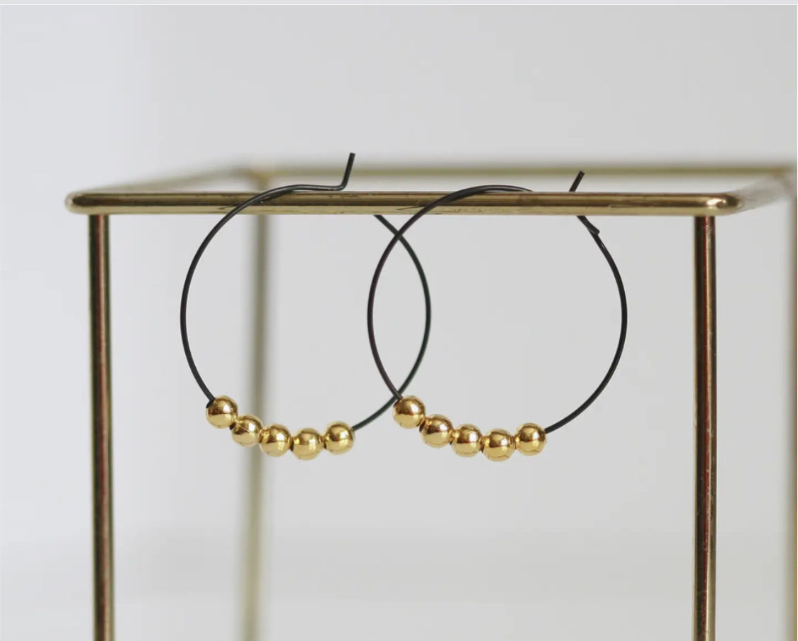 KAIKO - BLACK & GOLD BALL HOOPS - GOLD PLATED