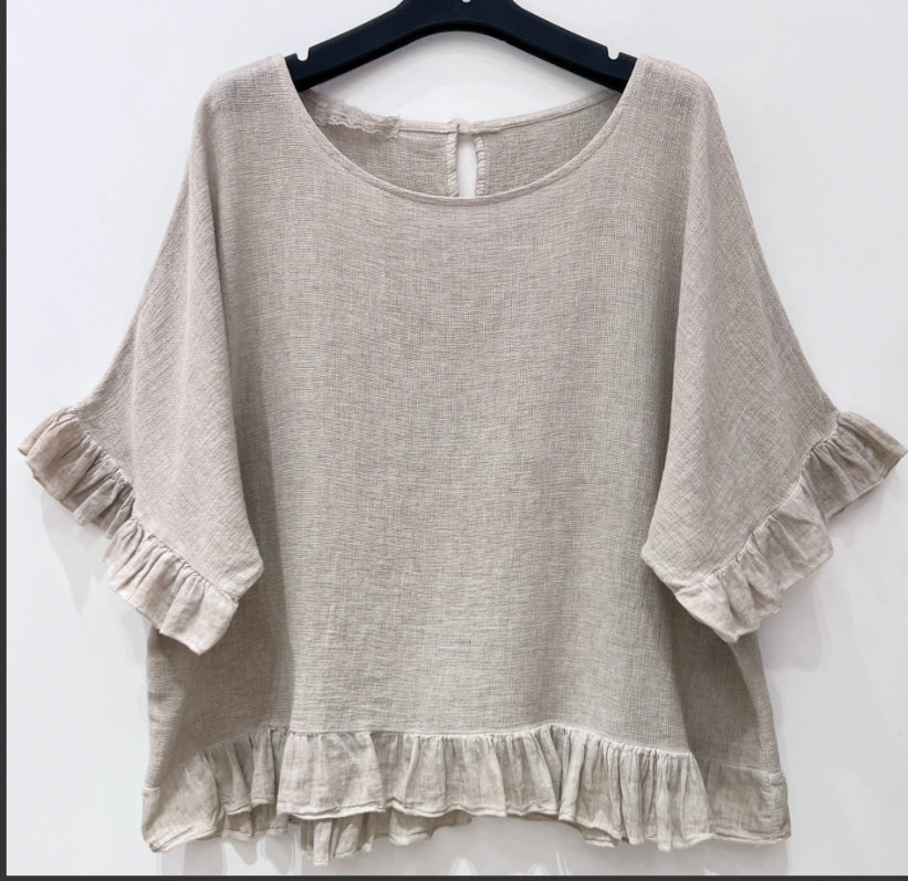 LINEN/COTTON FRILL HEM TOP - 10-16 - BEIGE
