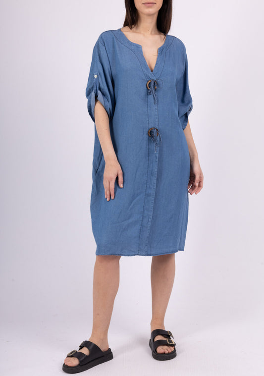 COTTON BUTTON DETAIL DENIM TUNIC DRESS - 10-16 - MID WASH