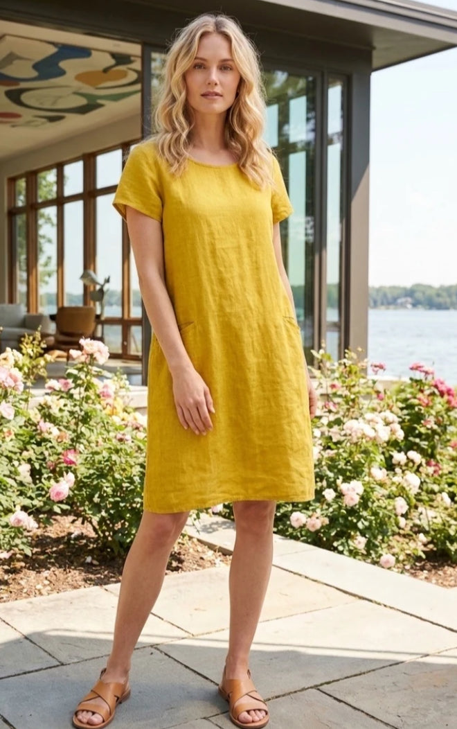 LINEN POCKET DRESS - 8-14 - MUSTARD