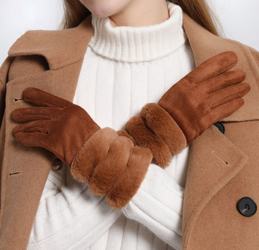 VELOUR FUR TRIM GLOVES - CAMEL