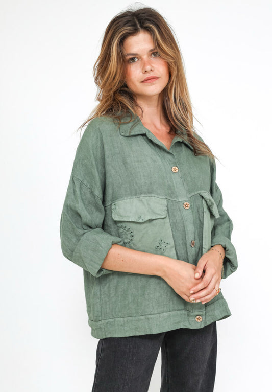 LINEN POCKET DETAIL JACKET - 10-16 - KHAKI