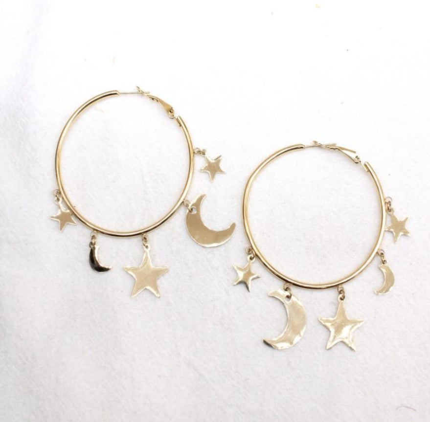 LARGE MOON & STARS HOOP EARRINGS - GOLD