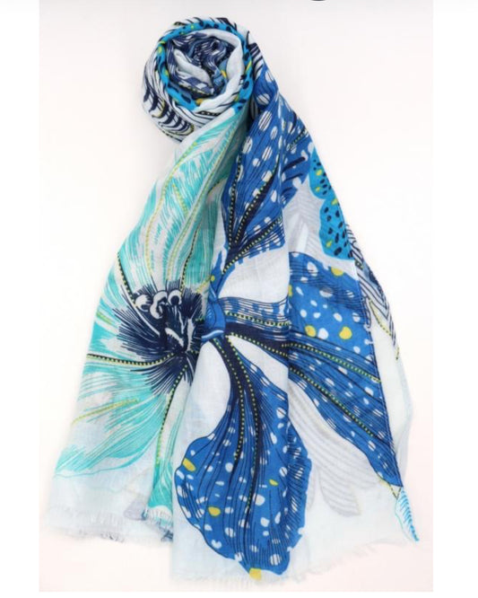 COTTON BLEND FLOWER PRINT SCARF - BLUE