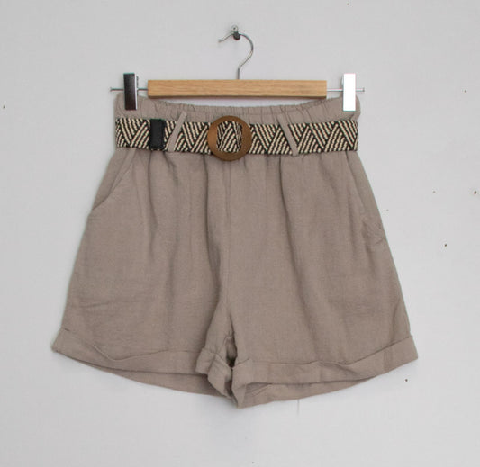 COTTON/LINEN BLEND SHORTS WITH WOVEN BELT -8-neat 14- TAUPE