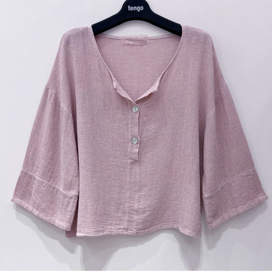 COTTON/LINEN BLEND BUTTON TOP - 8-14 - DUSKY PINK