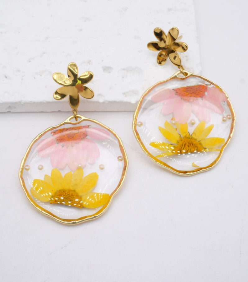 STATEMENT FLOWER EARRINGS- PINK/YELLOW