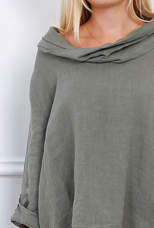 COWL COLLAR LINEN TOP - 10-16 - KHAKI