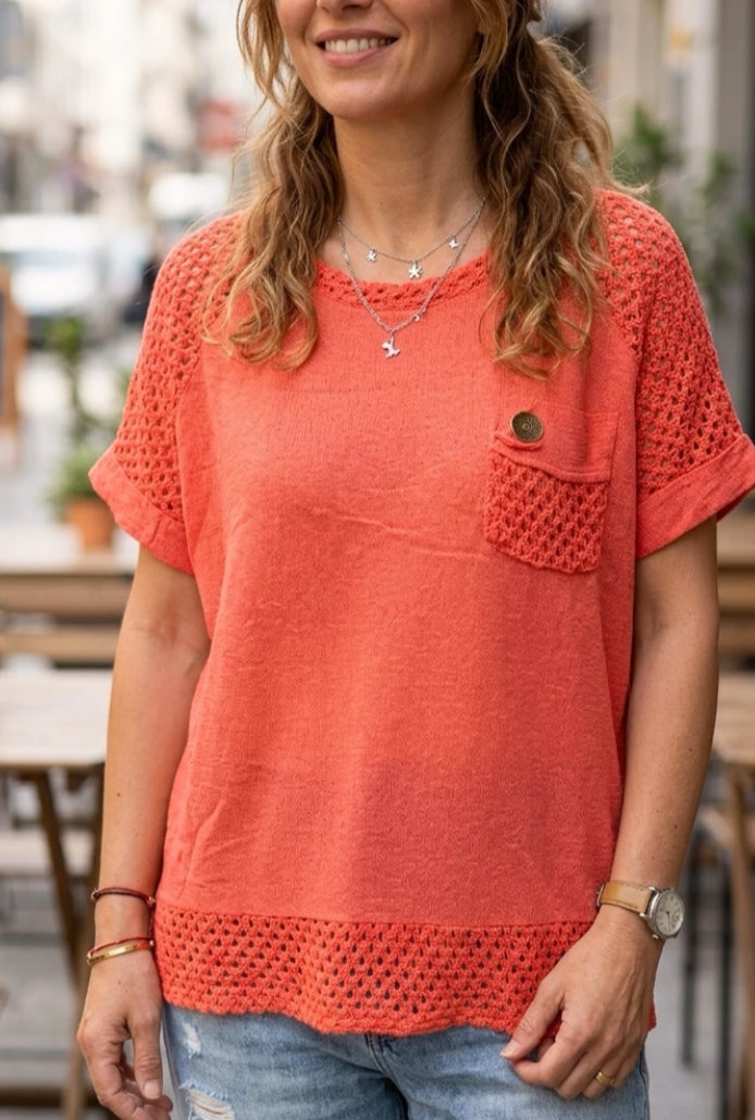 COTTON MESH POCKET TOP - 10-16 - CORAL