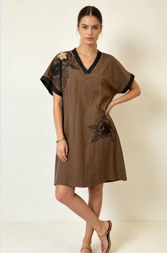 COTTON FLORAL APPLIQUÉ DRESS - 10-16 - CHOCOLATE