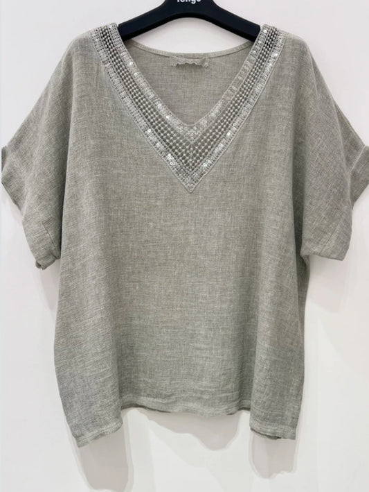 SEQUIN TRIM COTTON LINEN TOP - 10-16