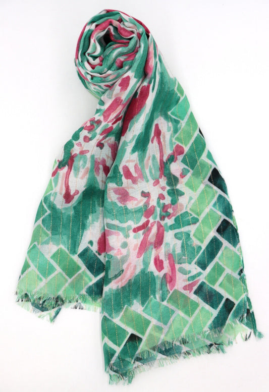 COTTON BLEND FOIL PRINT SCARF- GREEN