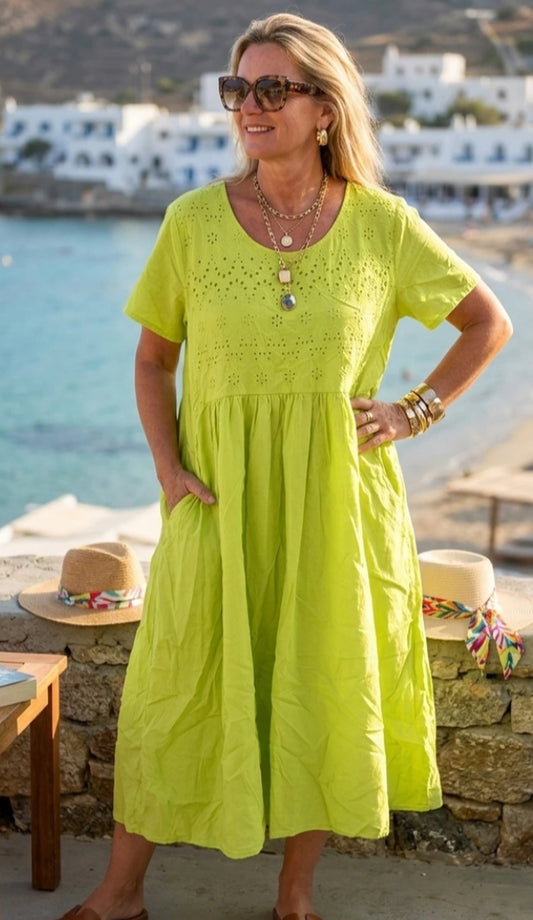 COTTON EMBROIDERY DRESS - 14-18 - LIME