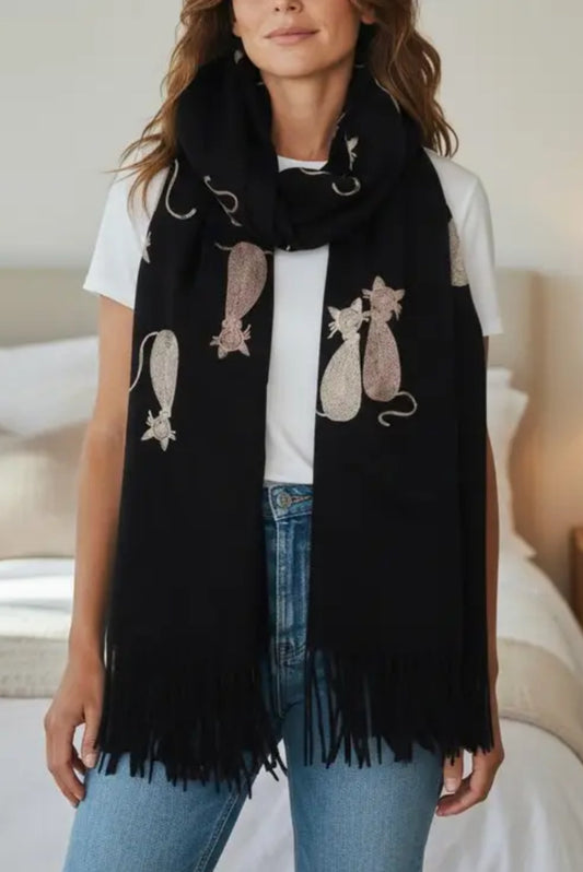 CAT PRINT SCARF - BLACK
