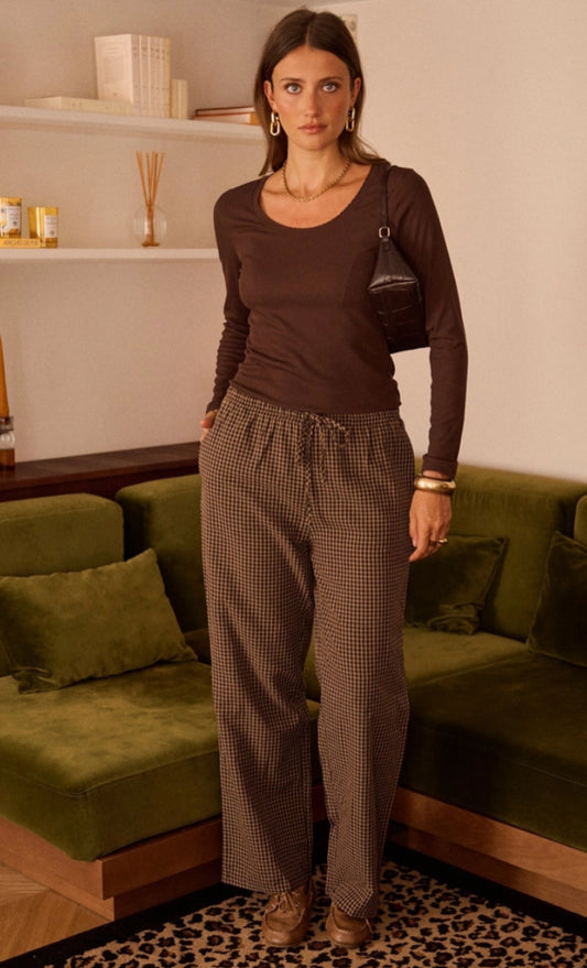 CHECK WIDE LEG PANTS - 10-14- CHOCOLATE