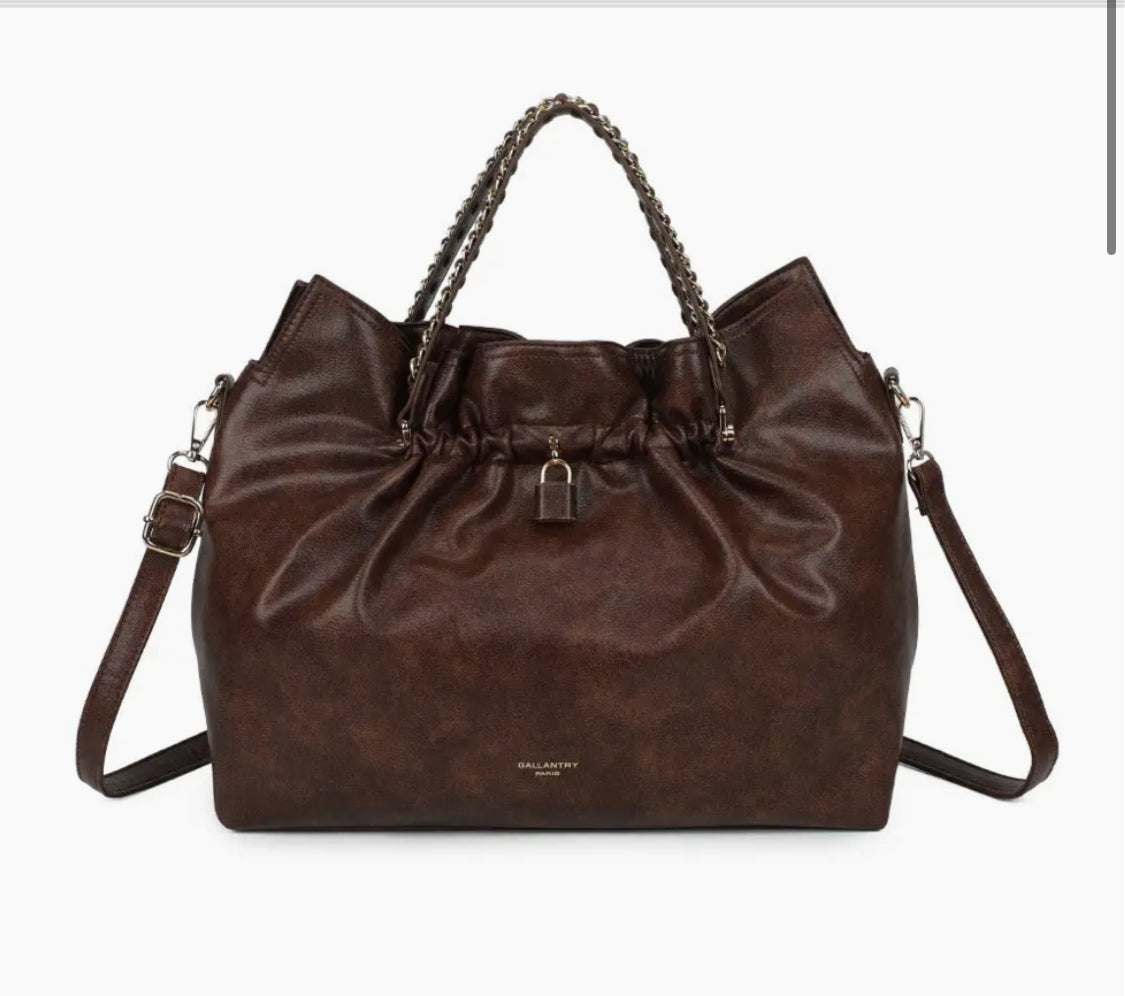 RUCHED LOCK HANDBAG - BROWN