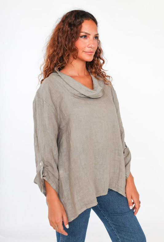 COWL COLLAR LINEN TOP - 10-16 - TAUPE