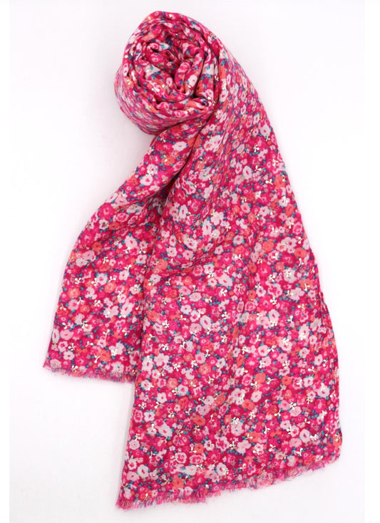COTTON BLEND DITSY PRINT SCARF - FUSCHIA