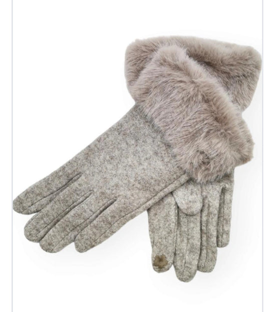 FAUX FUR TRIM GLOVES - TAUPE