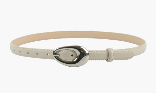 OVAL BUCKLE LEATHER BELT - CREAM