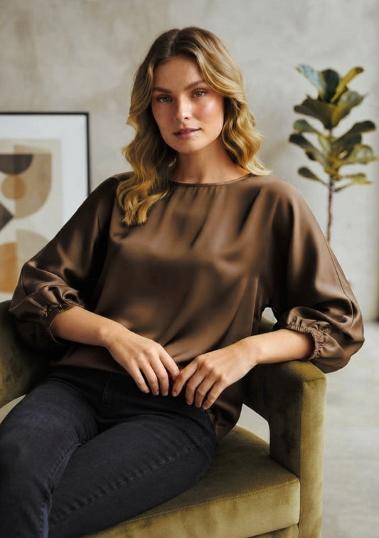 SATIN DRAPE TOP - 10-16 - CHOCOLATE