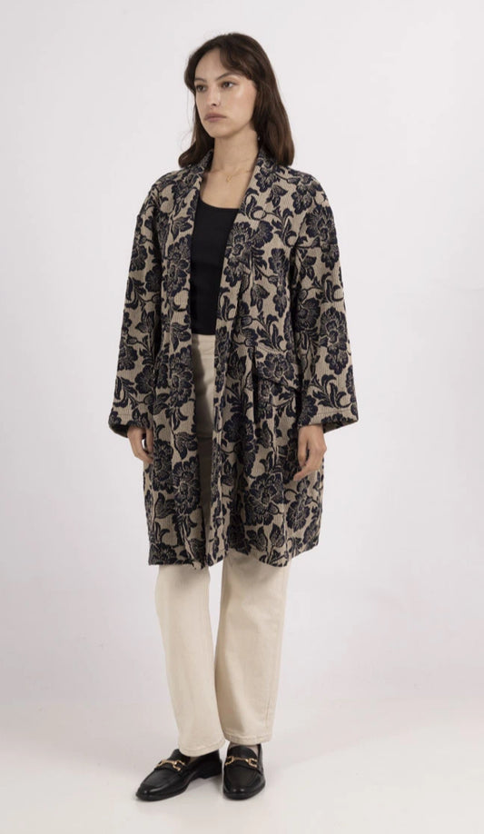 TAPESTRY PRINT MIDLENGTH COAT - 8-14 - NAVY