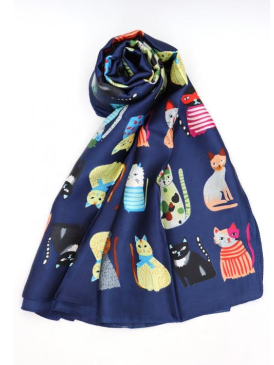SILK BLEND CAT PRINT SCARF - NAVY