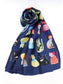 SILK BLEND CAT PRINT SCARF - NAVY