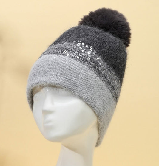 CASHMERE POM HAT - CHARCOAL/SILVER