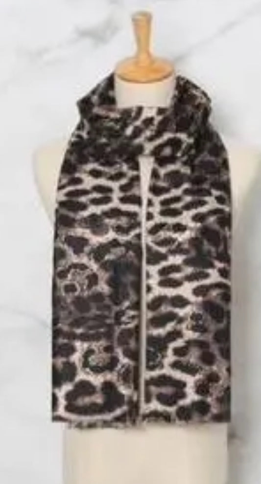 BEIGE ANIMAL PRINT SCARF - WOOL/COTTON BLEND