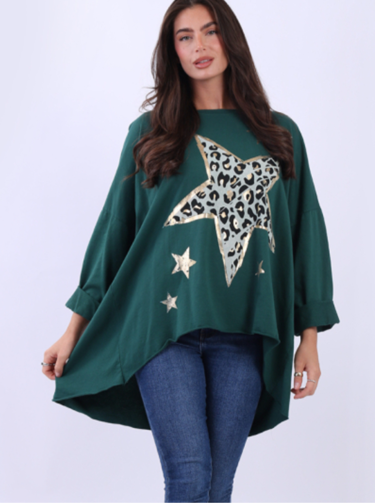 DIP HEM FOIL PRINT TOP - 14-18 - BOTTLE GREEN