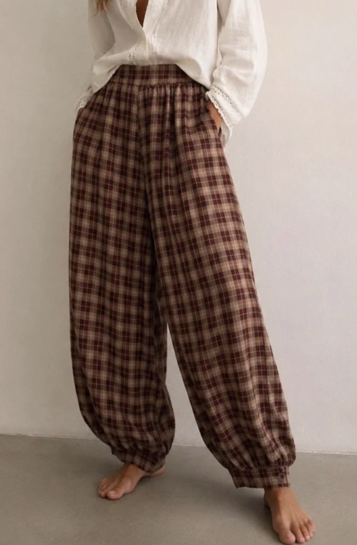 CHECK BALLOON PANTS - S/M & M/L - BURGUNDY
