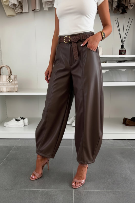 LEATHERETTE BARREL PANTS - 8-10 & 10-12 - CHOCOLATE