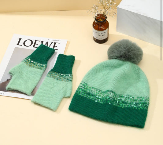 CASHMERE POM HAT - EMERALD/MINT