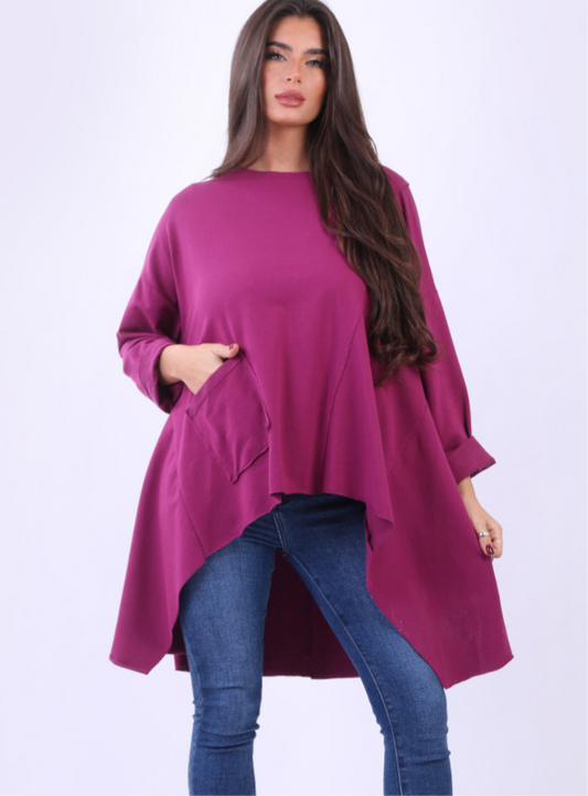 COTTON DIP HEM TUNIC TOP - MAGENTA - 14-18