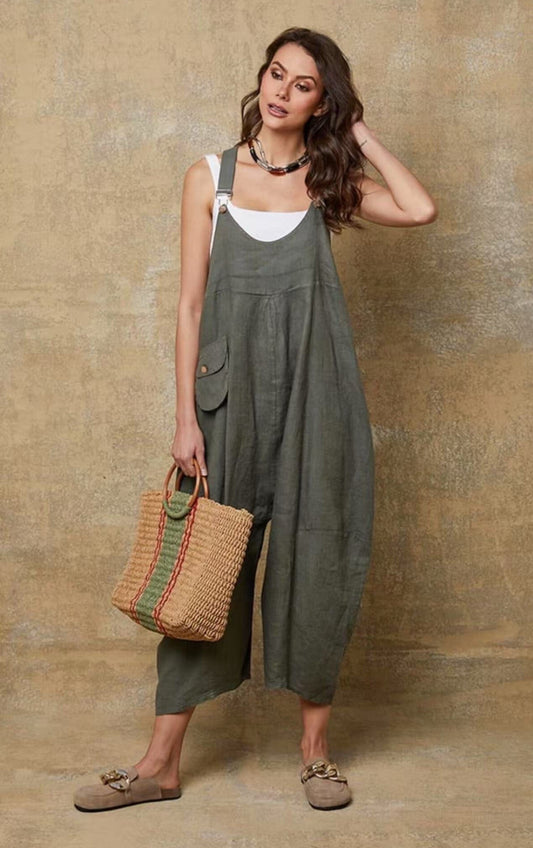 LINEN BUCKLE JUMPSUIT - 8-14 - KHAKI