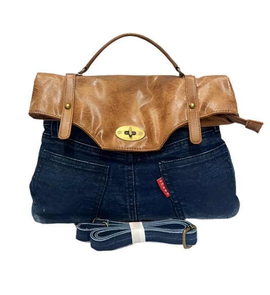 DENIM & TAN BAG WITH CROSSBODY STRAP