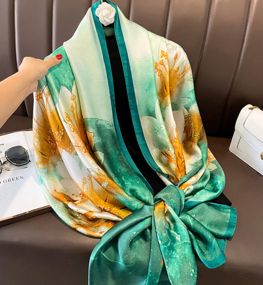 JADE GREEN FLORAL SILK FEEL SCARF