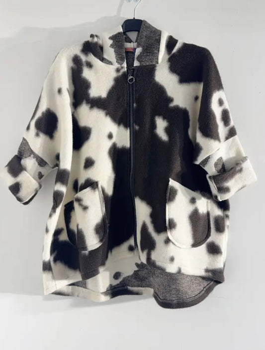 WOOL BLEND COW PRINT HOOD COAT - 12-18 - BLACK
