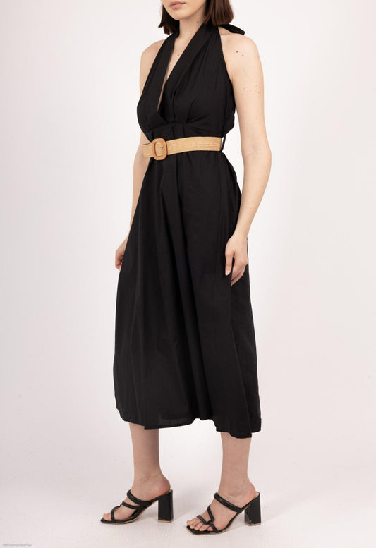 COTTON HALTERNECK BELTED DRESS - 8-12 - BLACK