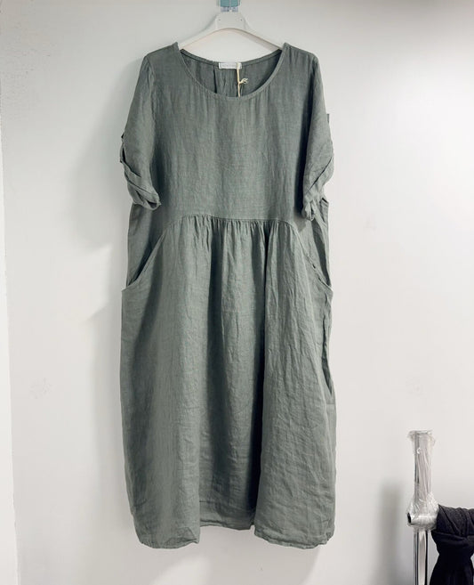 POCKET LINEN DRESS - 8-14 - KHAKI