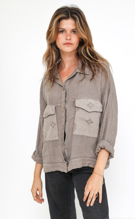 LINEN POCKET DETAIL JACKET - 10-16 - TAUPE
