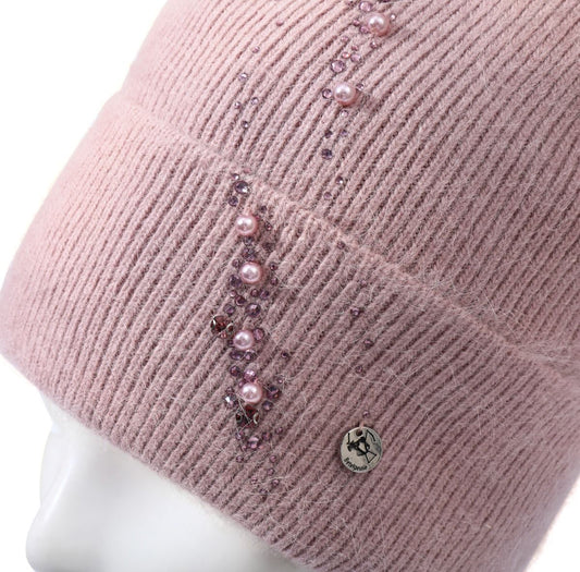 CASHMERE PEARL & CRYSTAL POM HAT - PINK