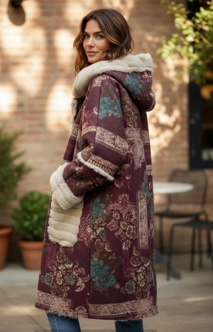 FUR TRIM PRINTED COAT - 10-16 - BURGUNDY