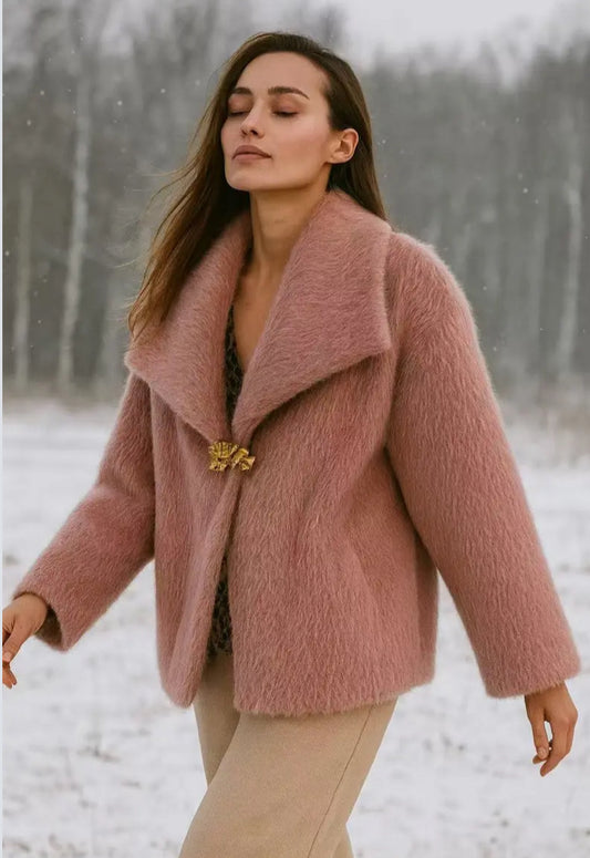 FAUX FUR BROOCH COAT - 10-16 - BLUSH