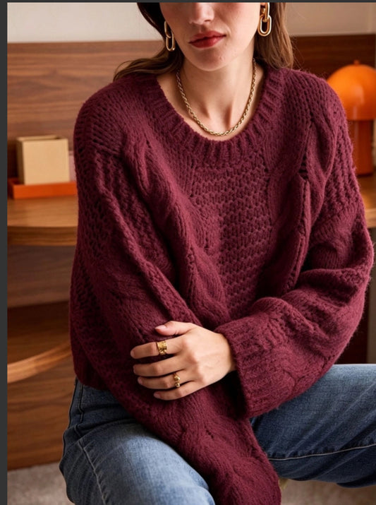 CABLE BOXY KNIT - 10-14 - BURGUNDY
