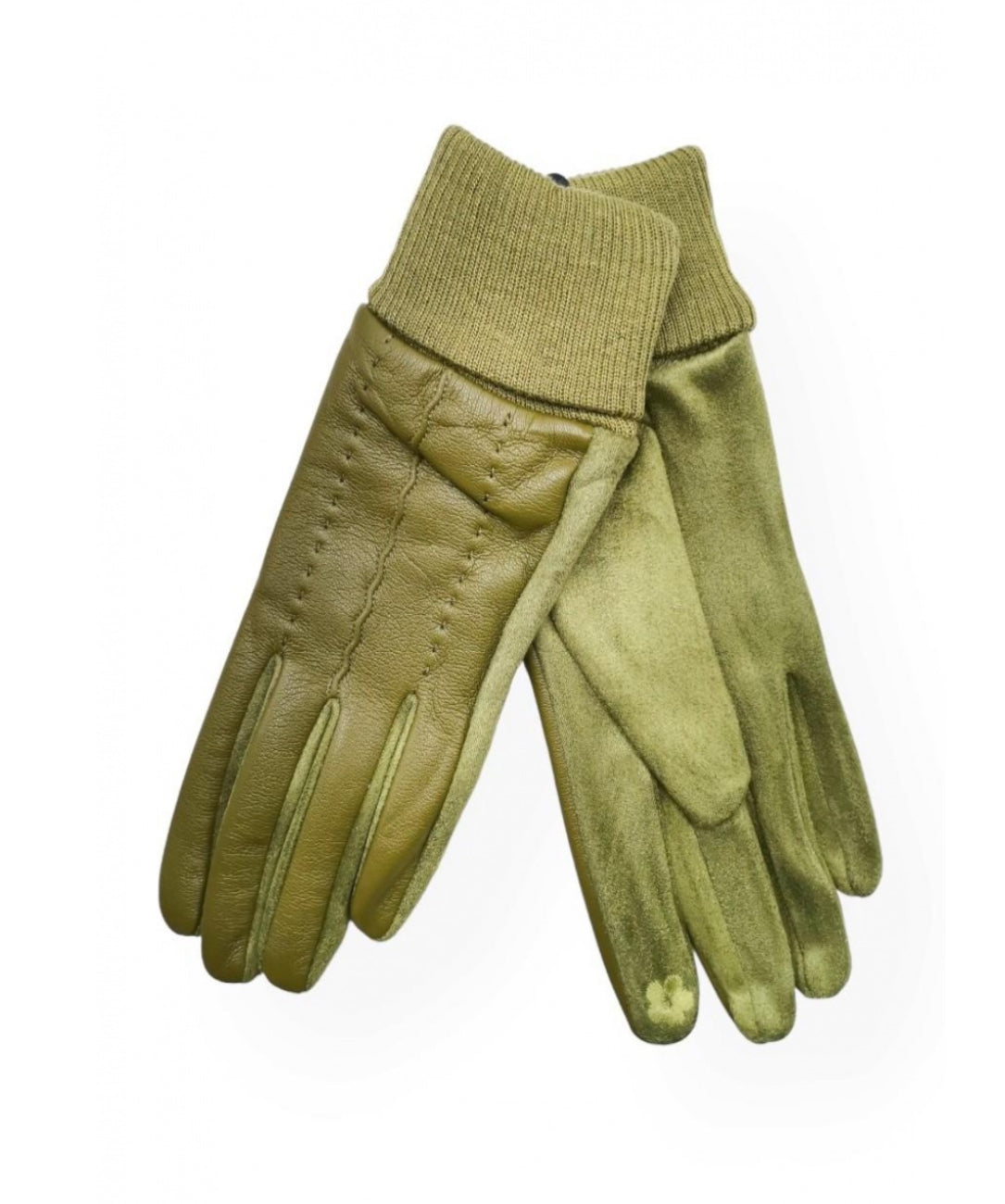 LEATHERETTE/VELOUR STITCH DETAIL GLOVE - OLIVE