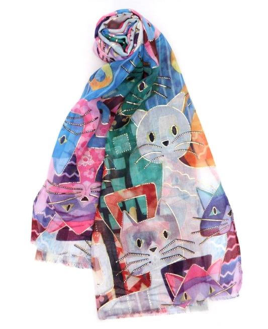 COTTON BLEND CAT PRINT SCARF - MULTI