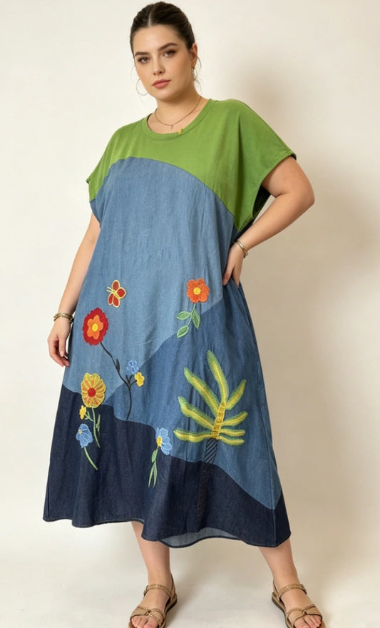 COTTON DENIM EMBROIDERED DRESS - 12-18
